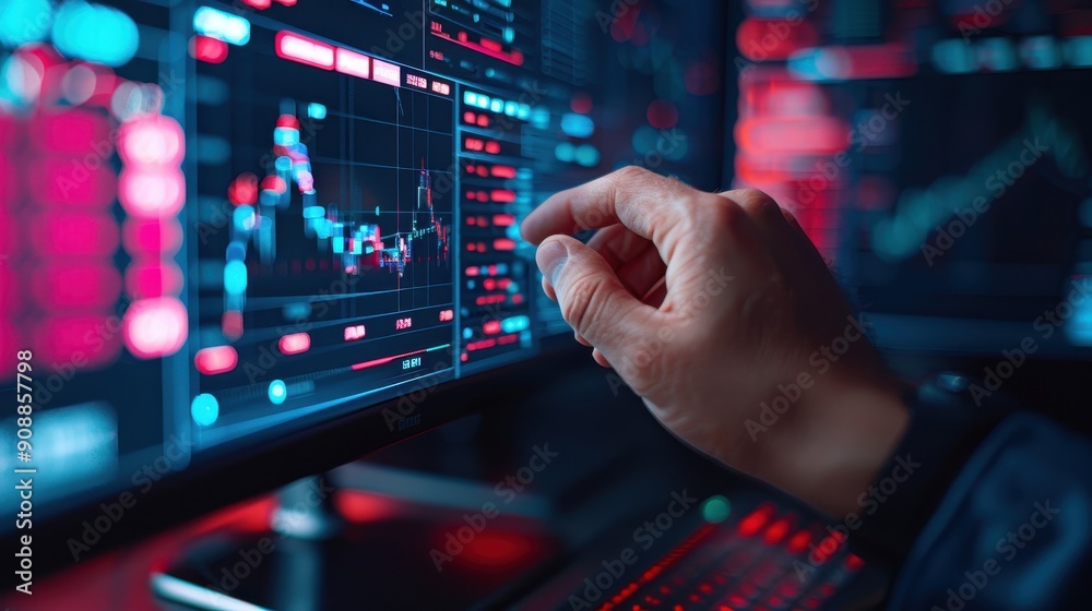 Close-up of a hand interacting with digital data on a computer screen, showcasing modern financial analysis and technology. Close-up of a hand interacting with digital data on a computer screen, showcasing modern financial analysis and technology.