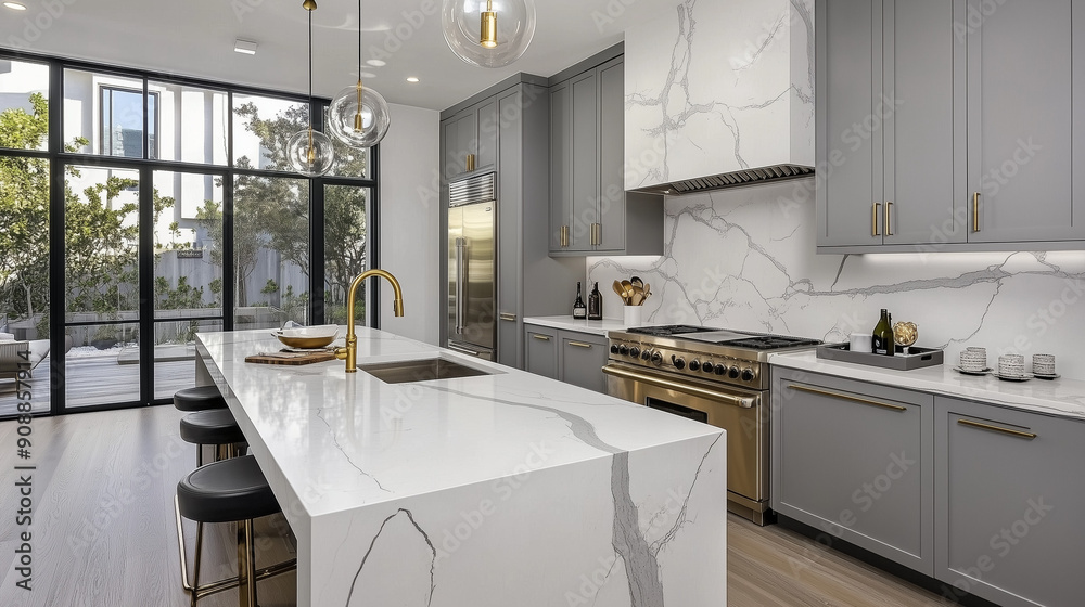 "Modern kitchen with a marble island and grey cabinets in a luxury ...