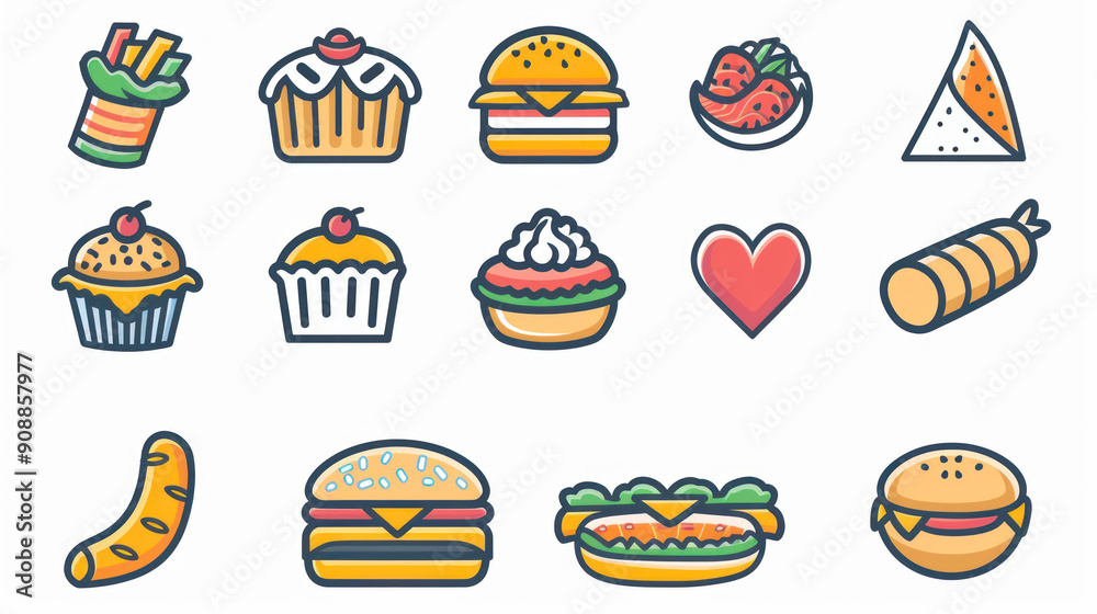 A simple vector icon set of random food in line style with isolated on white