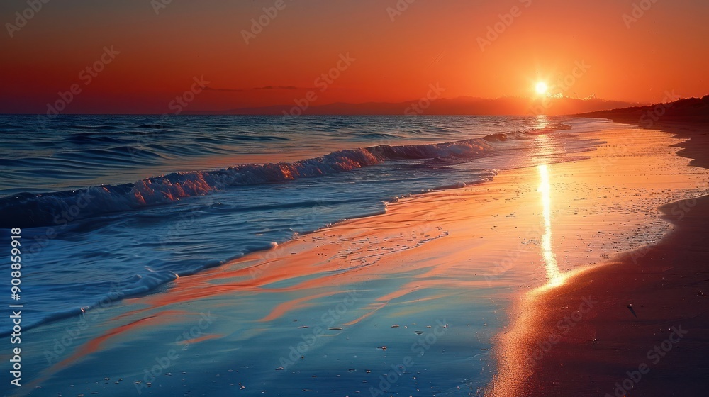 The sun is setting over the ocean, casting a warm glow on the water