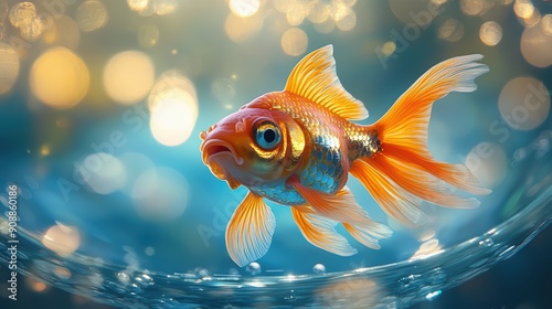 Vibrant Goldfish Swimming in Sparkling Water with Bokeh Background, Capturing the Beauty of Aquatic Life in Stunning Detail and Colorful Elegance