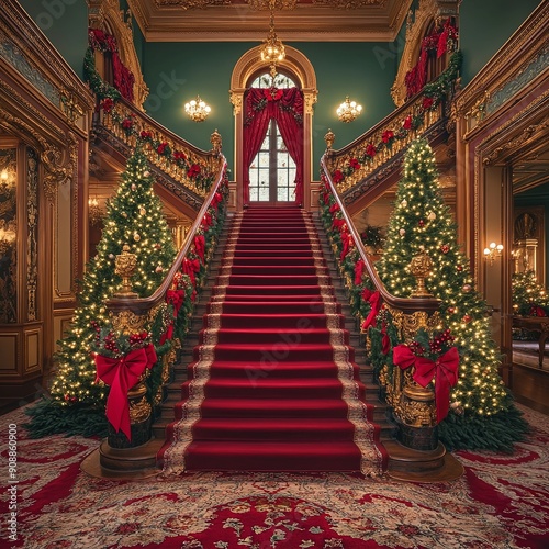 Grand Christmas Staircase with Festive Decorations