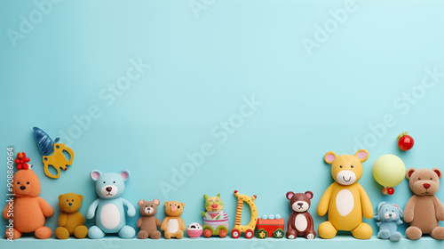 Toys for children frame and border on pastel blue background.