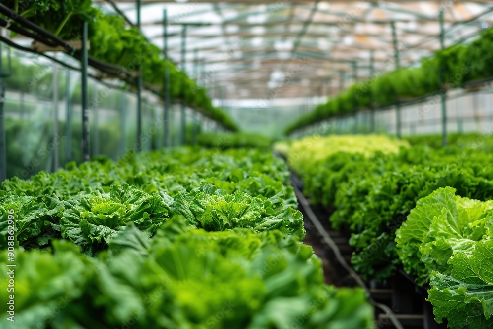 Lush lettuce rows in sunny greenhouse Lush lettuce rows in sunny greenhouse