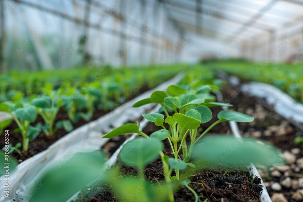 Young seedlings sprouting in soil at indoor farm Young seedlings sprouting in soil at indoor farm