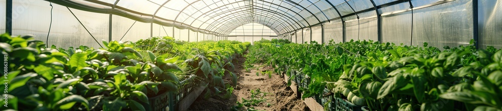 Sunlit greenhouse full of green plants, panoramic view. Sunlit greenhouse full of green plants, panoramic view.