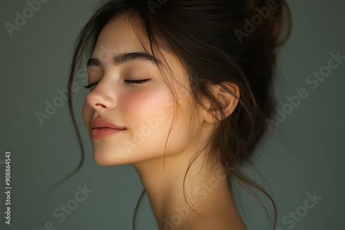 A close up of a girl's face with her eyes closed