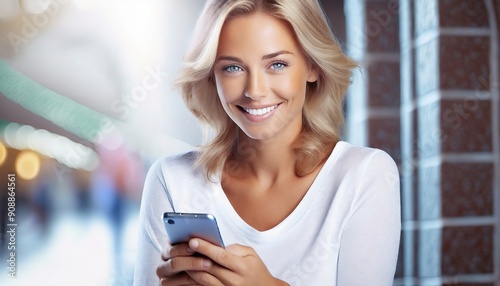 An elegant woman with a beaming smile engages with her phone, her blonde hair shining. She stands in a spacious, blurred figures hinting at a lively ambiance behind her.