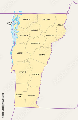 Vermont, U.S. state, subdivided into 14 counties, political map with borders and county names. State in the New England region of the Northeastern United States, nicknamed The Green Mountain State. photo