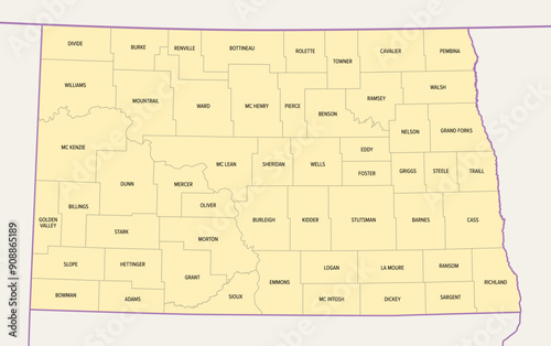 North Dakota, U.S. state, subdivided into 53 counties, political map with borders and county names. State in the Upper Midwest region of the United States, nicknamed Peace Garden and Roughrider State.