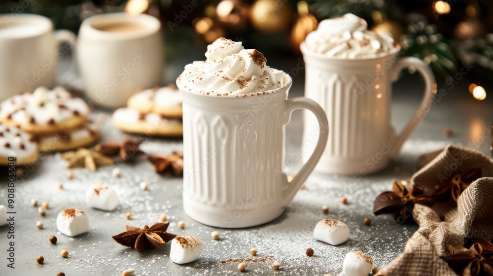 Cups of hot chocolate with whipped cream and marshmallows, surrounded by Christmas cookies and Christmas decorations, a warm and festive scene. Cups of hot chocolate with whipped cream and marshmallows, surrounded by Christmas cookies and Christmas decorations, a warm and festive scene.