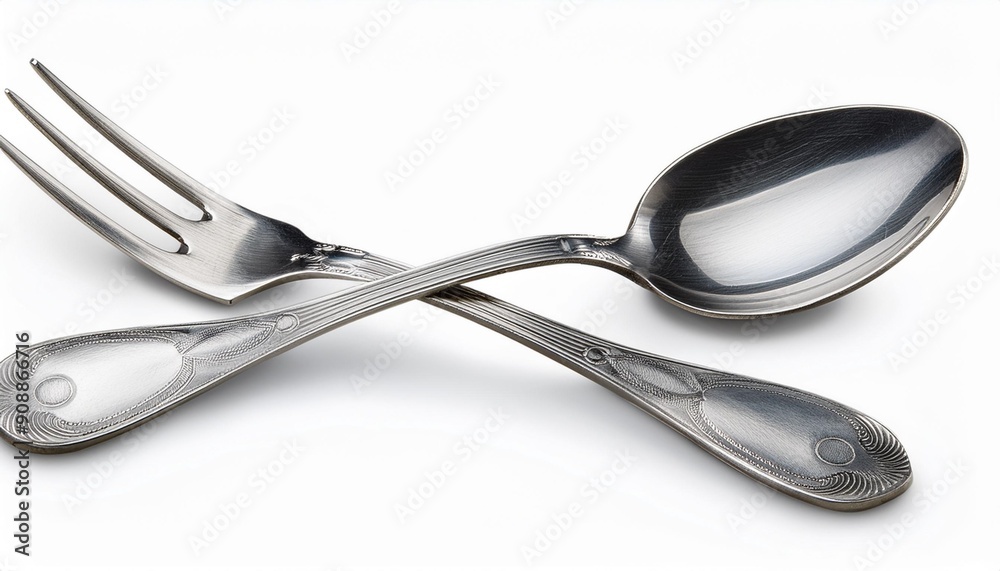 Silver Fork and Spoon Set Isolated on White Background, Clipping Path, Full Depth of Field