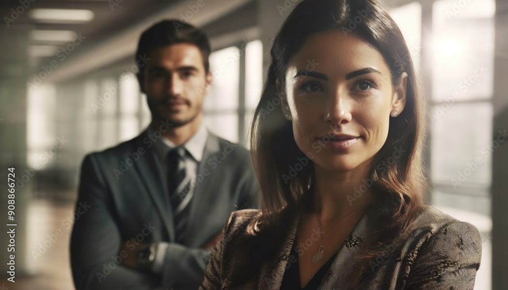 Corporate professionals standing confident in an office. The poised duo exemplifies leadership in a contemporary workspace. Corporate professionals standing confident in an office. The poised duo exemplifies leadership in a contemporary workspace.