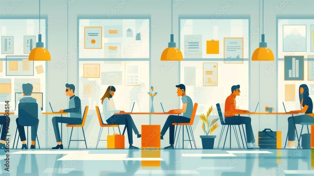 Obraz premium A group of people are working in an office with a lot of white walls