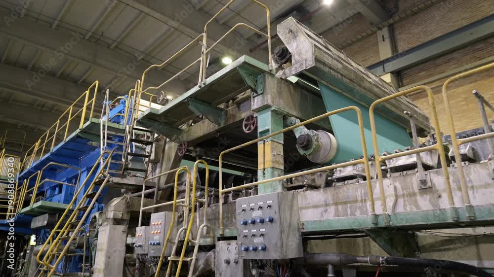 Roller of transmission rotates moving conveyor belt on production line. Large metal shaft turns on papermaking equipment at factory Roller of transmission rotates moving conveyor belt on production line. Large metal shaft turns on papermaking equipment at factory