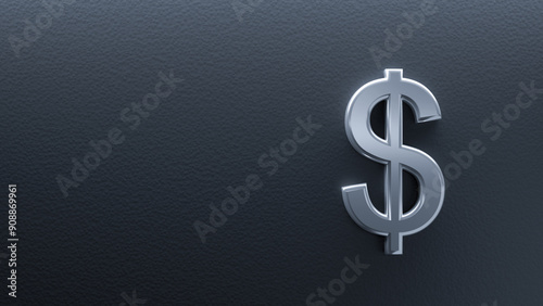 Silver dollar symbol. Gray wall with money logo. Dollar symbol on dark surface. Sign wealth and prosperity. USD logo with metal texture. Dolor money sign. Copy space. Finance, investments. 3d image