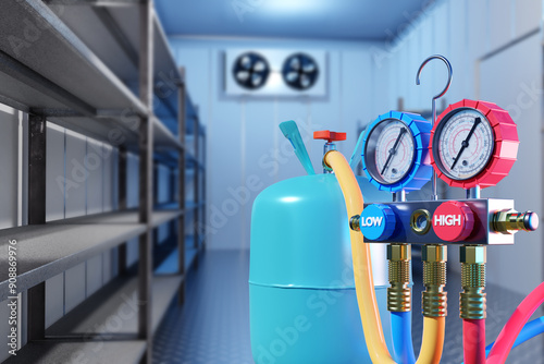 Freon tank in industrial refrigerator. Empty freezer warehouse. Freon for refilling refrigerator. Refrigerant cylinder with pressure meters. Maintenance of industrial refrigeration chambers. 3d image