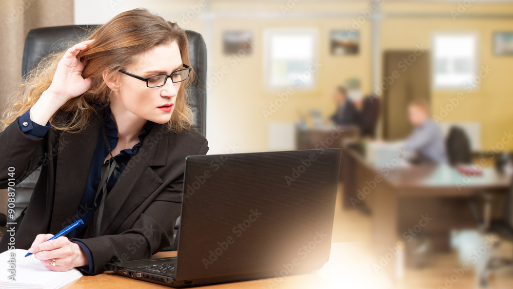 Business woman at workplace. Girl manager with laptop. Lady works in open space office. Female fills out report for boss. Business woman looking at computer screen. Office manager career Business woman at workplace. Girl manager with laptop. Lady works in open space office. Female fills out report for boss. Business woman looking at computer screen. Office manager career