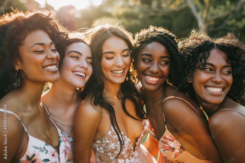 Joyful multiethnic women laughing together in sunlight Joyful multiethnic women laughing together in sunlight
