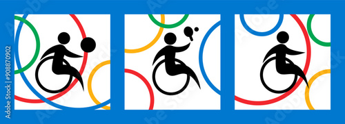Set of posters with black silhouettes of a athlete in a wheelchair. Backgrounds with colored rings. Person with disabilities. Emblem wheelchair basketball, tennis, sport.