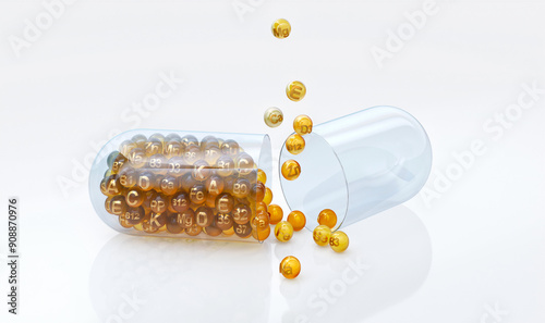 Vitamins and mineral supplements 3D pill. Multivitamins omega 3, vitamins A, B, C, D, E, PP, zinc, iron, calcium, magnesium minerals, folic acid. Healthy living, nutrition. Health, wellness products photo