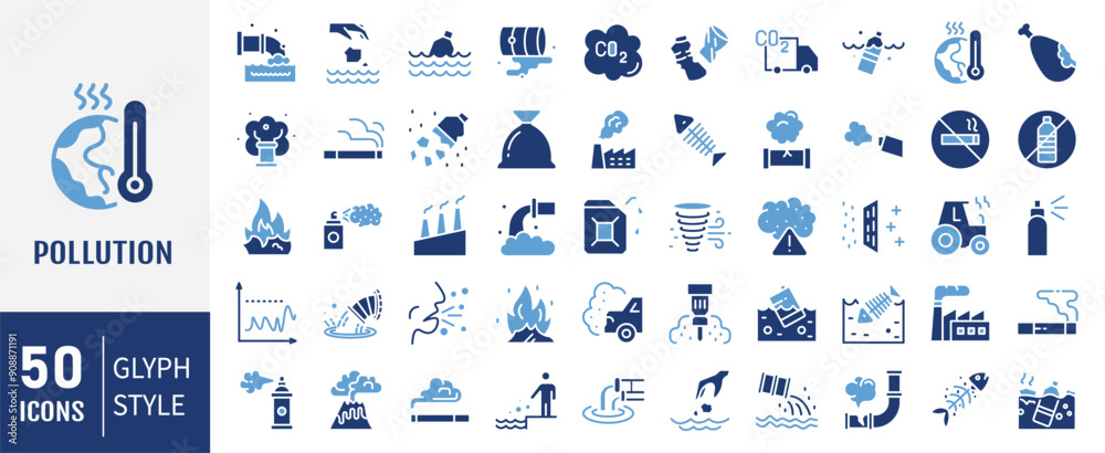 Set of 50 Pollution icons set. Solid icons vector collection. Set of 50 Pollution icons set. Solid icons vector collection.