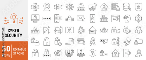 Set of 50 Cyber security and protection editable stroke. Outline web icon collection. Vector illustration