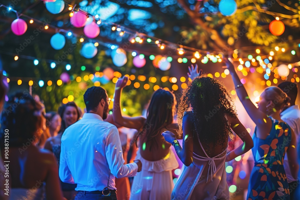 Fototapeta premium People dancing at outdoor evening party with colorful lights