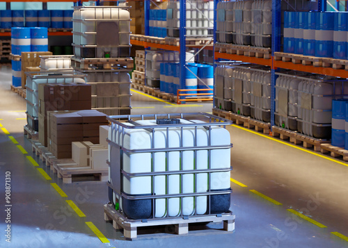Manufactory warehouse. IBC inside storage building. Manufactory warehouse without people. Storage area inside manufactory. Safekeeping products. Warehouse with barrels on shelves. 3d image