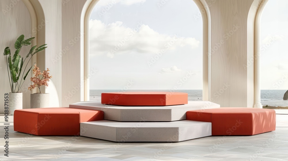 Fototapeta premium A white and red octagon shaped platform with a view of the ocean
