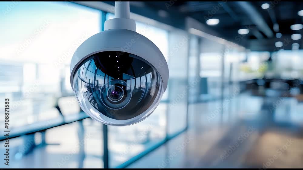 Close-up of security camera dome in modern office environment with macro lens and bokeh effect Close-up of security camera dome in modern office environment with macro lens and bokeh effect