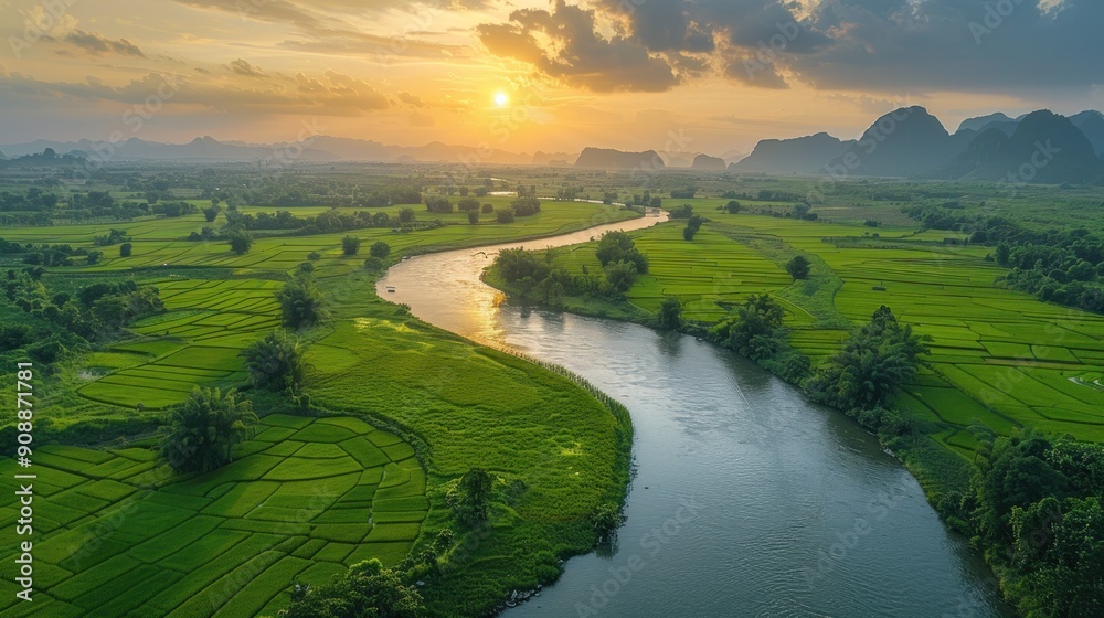 Aerial View of River Winding Through Lush Green Rice Paddies