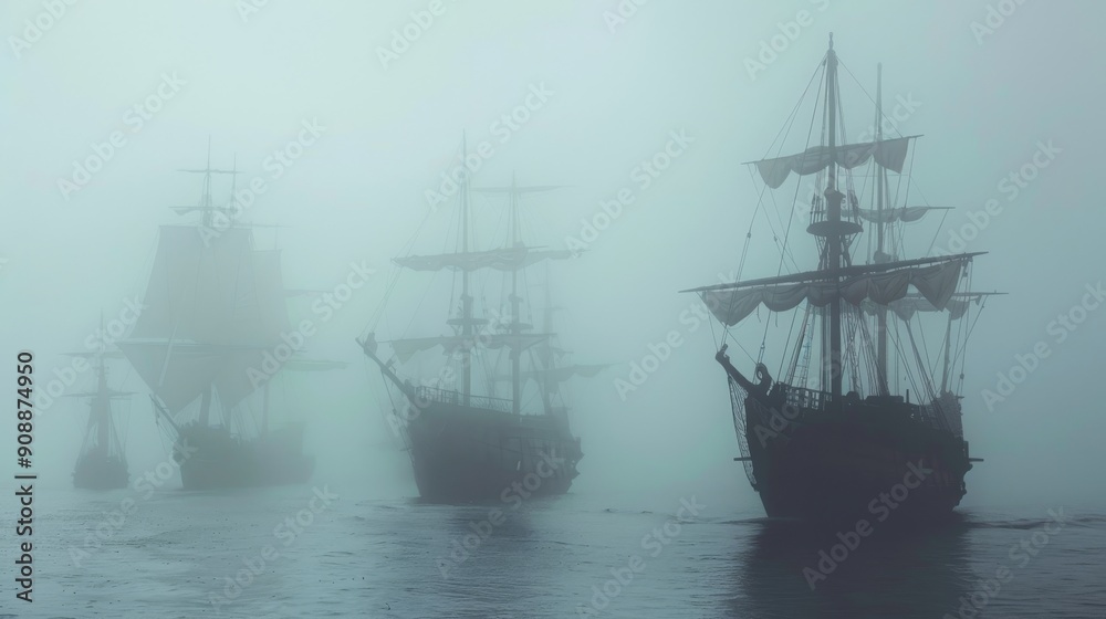 Silhouettes of Sailing Ships in a Foggy Sea Silhouettes of Sailing Ships in a Foggy Sea