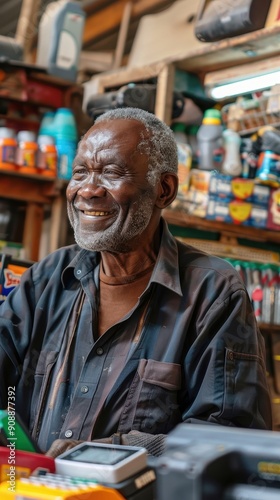 An elderly man joyfully engages with customers at his market stall filled with colorful goods