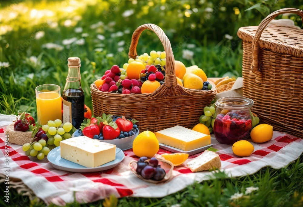charming picnic setup showcasing array bite sized snacks vibrant colors lush greenery, basket, blanket, layout, bites, food, outdoor, arrangement charming picnic setup showcasing array bite sized snacks vibrant colors lush greenery, basket, blanket, layout, bites, food, outdoor, arrangement