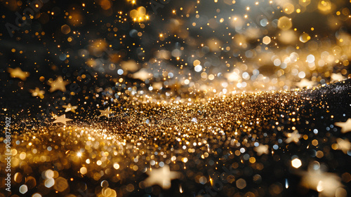 Black Christmas background. Golden highlights and stars. Christmas decor. The banner. Christmas tree toys. Glare, lights, bokeh.