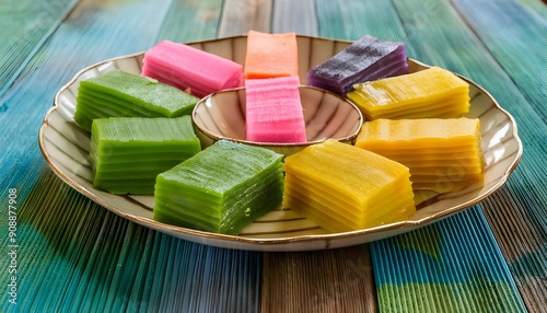 2 , Kuih Melayu – An assortment of traditional Malaysian sweets, such as kuih lapis, kuih talam, and onde-onde, each showcasing colorful layers and flavors.