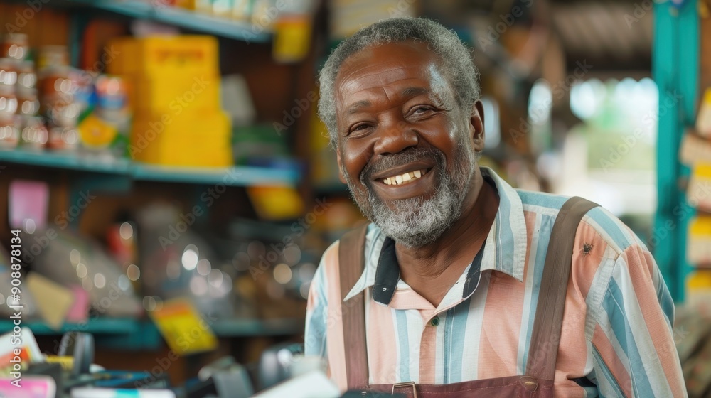 A cheerful shopkeeper engages with customers in a vibrant market filled with various goods