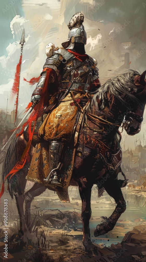 Artistic image: knight in dark armor on black horse, red accents, sword, battlefield setting with ruins and skyline, bones, sword in ground. Medieval warfare theme. Artistic image: knight in dark armor on black horse, red accents, sword, battlefield setting with ruins and skyline, bones, sword in ground. Medieval warfare theme.