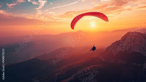 A vivid sunset paragliding image features a person gliding under a red parachute amid colorful skies over mountains and a valley, capturing an exhilarating extreme sports moment.
