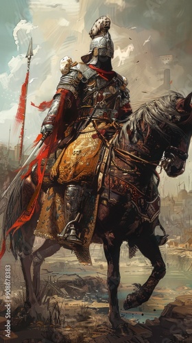 Artistic image: knight in dark armor on black horse, red accents, sword, battlefield setting with ruins and skyline, bones, sword in ground. Medieval warfare theme.