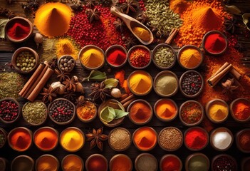 Tableau sur toile  vibrant array colorful spices artistically scattered rustic wooden surface culinary inspiration, seasoning, herb, ingredient, aroma, texture, table, yellow  © Yaraslava