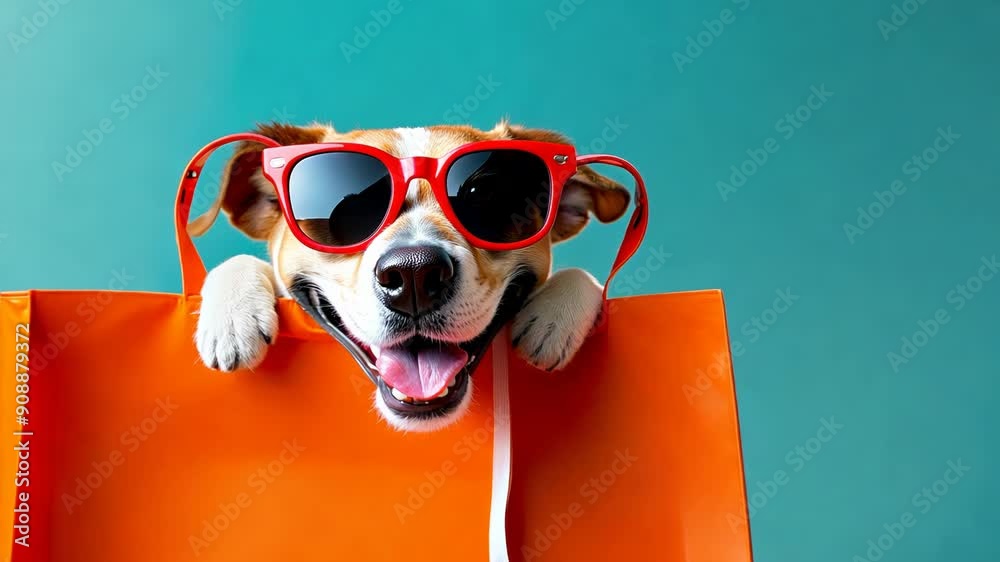 Smiling dog in red sunglasses peeking from orange shopping bag, pet fashion concept
