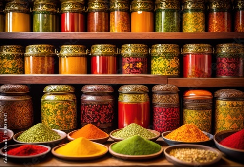 colorful vibrant spices elegantly arranged decorative containers culinary appeal, herbs, seasoning, aroma, flavor, jars, bowls, display, kitchen