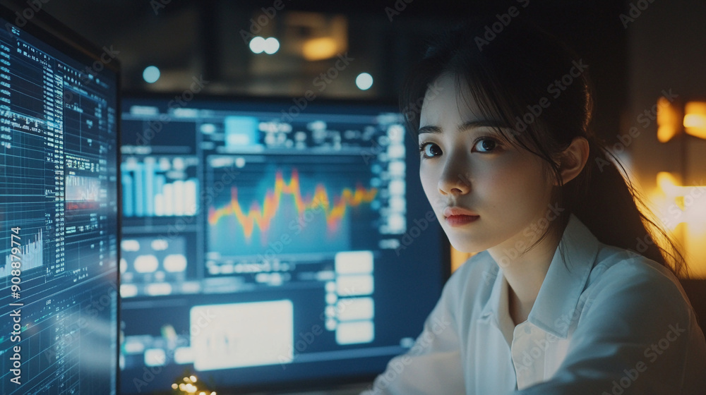 Japanese woman analyzing finance graph finance investment stock market economy trading data analysis business profit Japanese woman analyzing finance graph finance investment stock market economy trading data analysis business profit