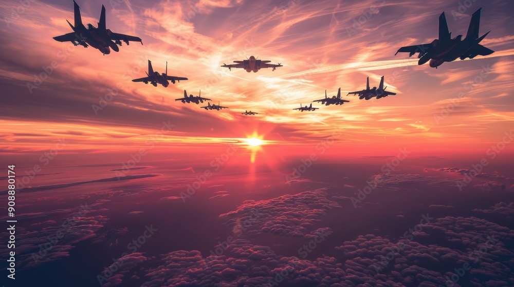 Obraz premium Silhouette of military aircraft on sunset background.