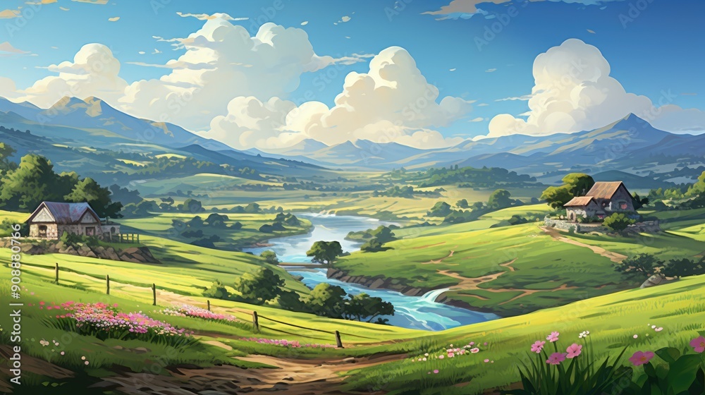 Fototapeta premium Lush anime countryside in spring with rolling hills and colorful flowers