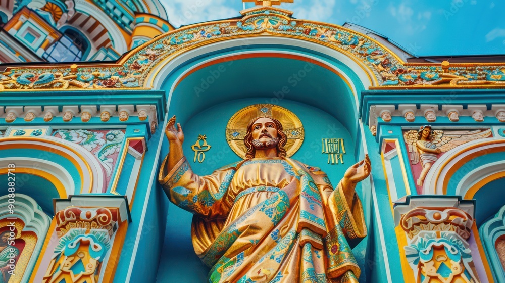 Detailed and vivid image of a religious icon in daylight, with contrasting, vibrant colors highlighting intricate details and spiritual meaning. Detailed and vivid image of a religious icon in daylight, with contrasting, vibrant colors highlighting intricate details and spiritual meaning.