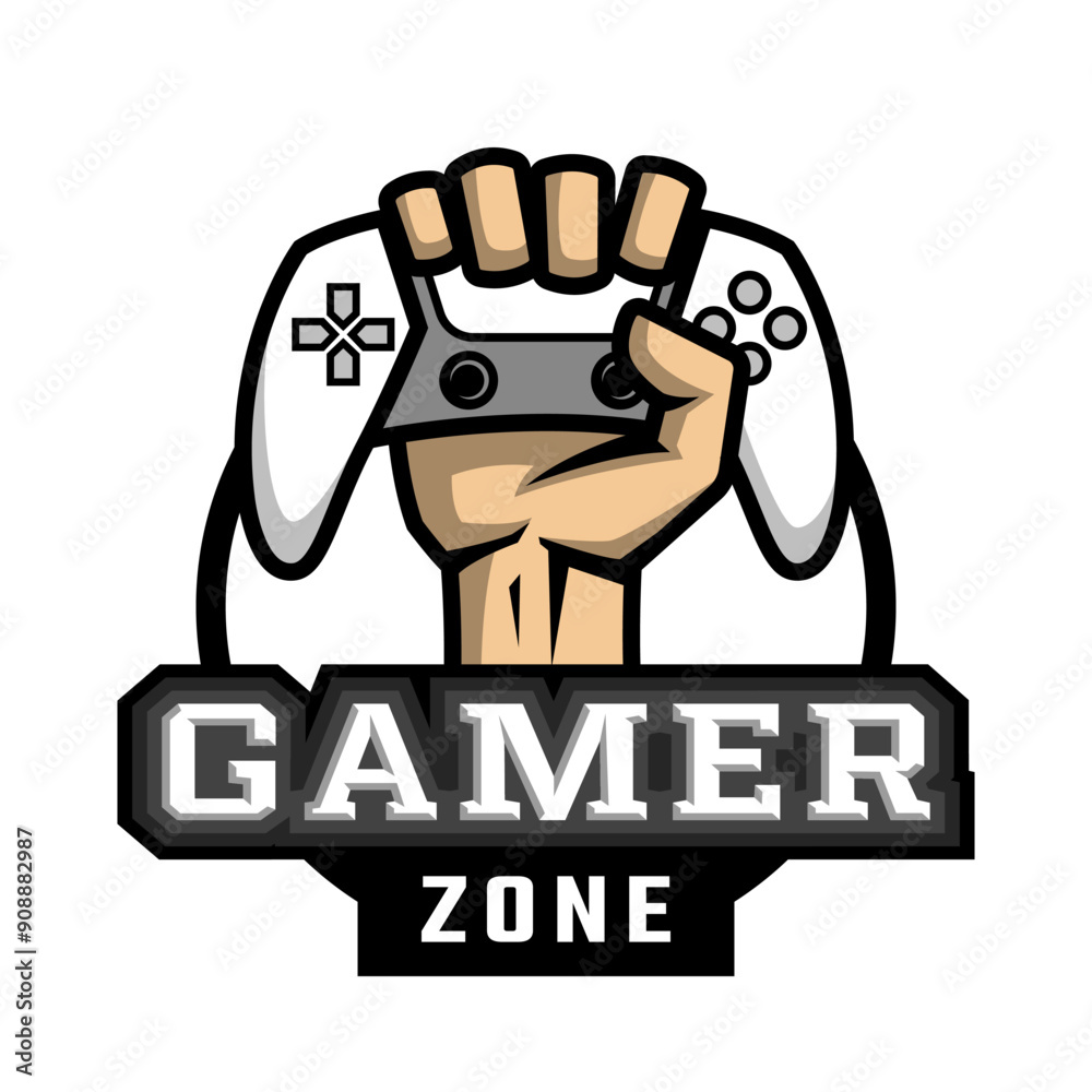 Obraz premium The hand holds the controller. Hardcore gamer logo.