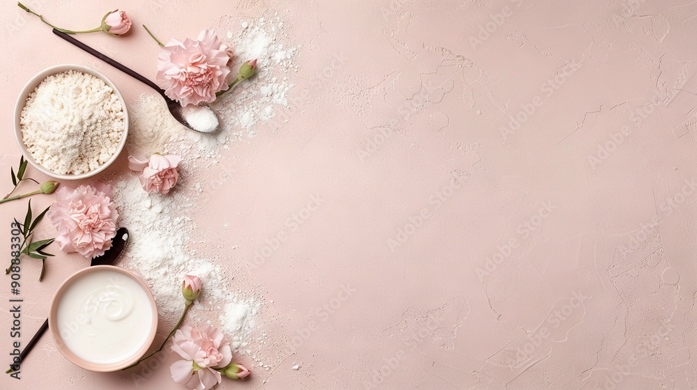 A table adorned with pink flowers, accompanied by two bowls of powder and an assortment of spoons on a pink surface A table adorned with pink flowers, accompanied by two bowls of powder and an assortment of spoons on a pink surface
